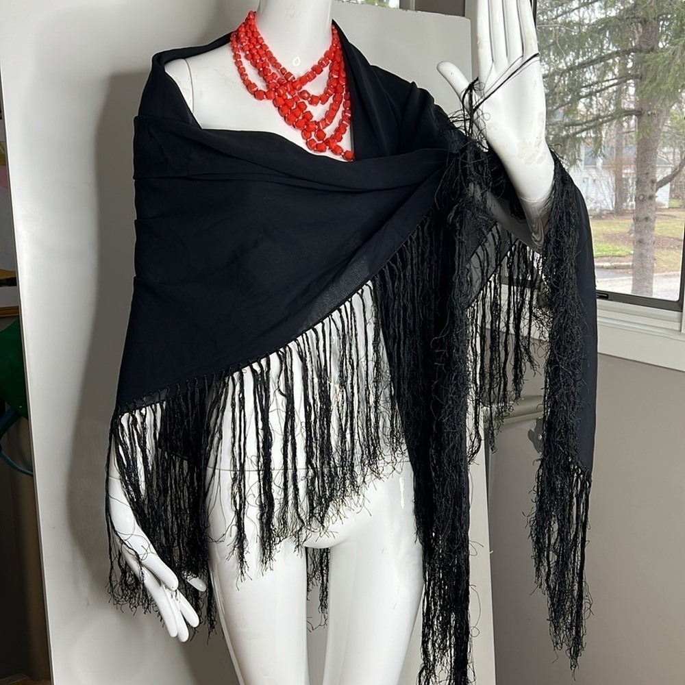 Extra Large 67” Square Vintage Black  Sheer Silk with 10” Tassels Piano Shawl